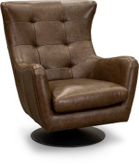 Modern Teak Brown Leather Swivel Chair - Collective