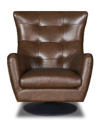 Modern Teak Brown Leather Swivel Chair - Collective-2