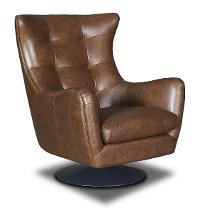 Modern Teak Brown Leather Swivel Chair - Collective-5