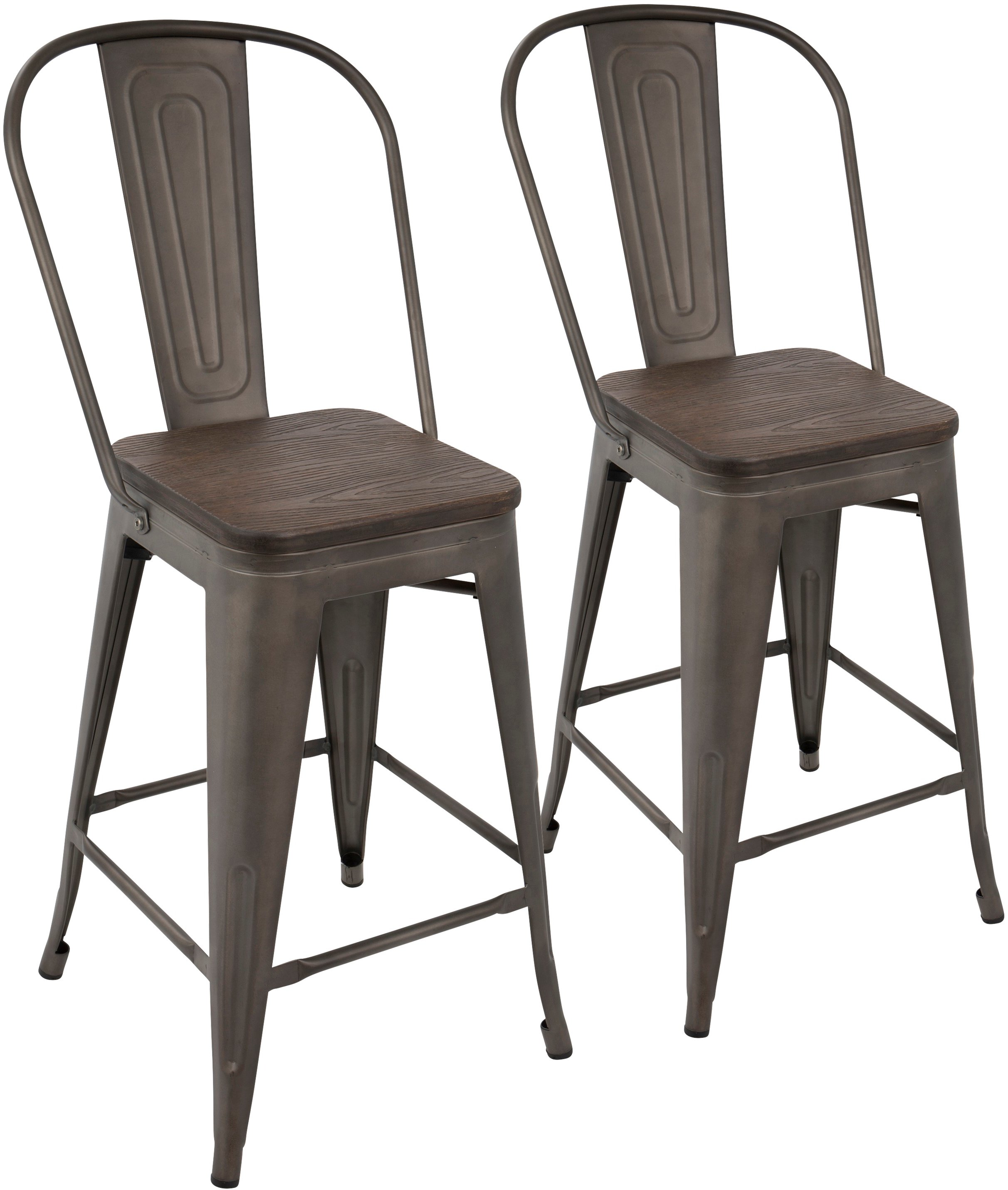 CS-ORHB-AN+E2 Industrial Antique Metal and Espresso Counter Height Stool with Back (Set of 2) - Oregon-1