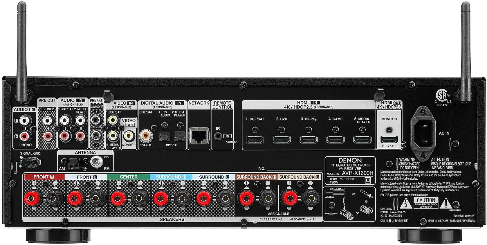 AVR-X1600H Denon 4K Ultra HD 7.2 Channel AV Receiver with 80W per Channel AVR-X1600H-5