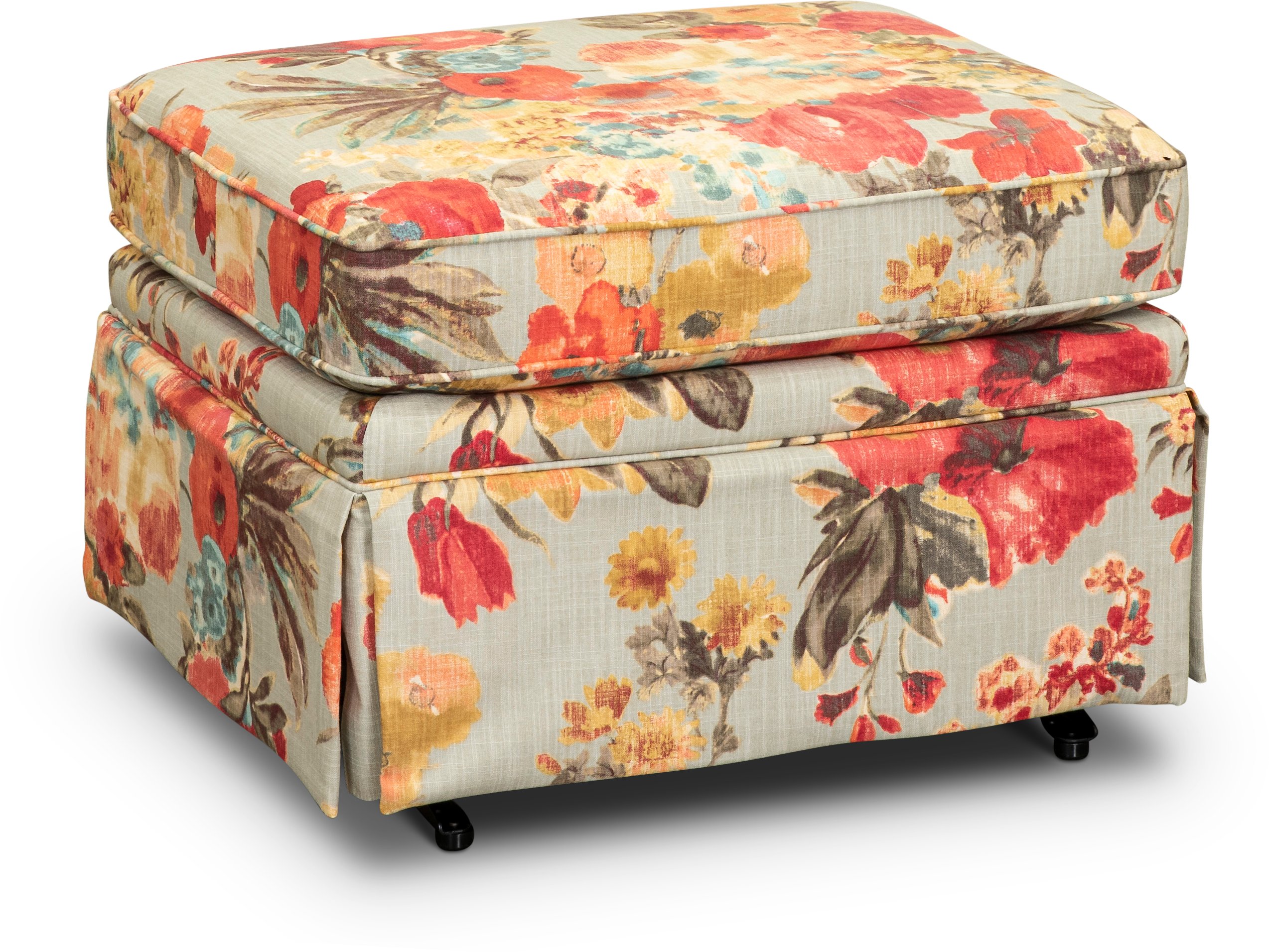Aqua, Yellow and Muted Red Floral Gliding Ottoman - Quinn-2