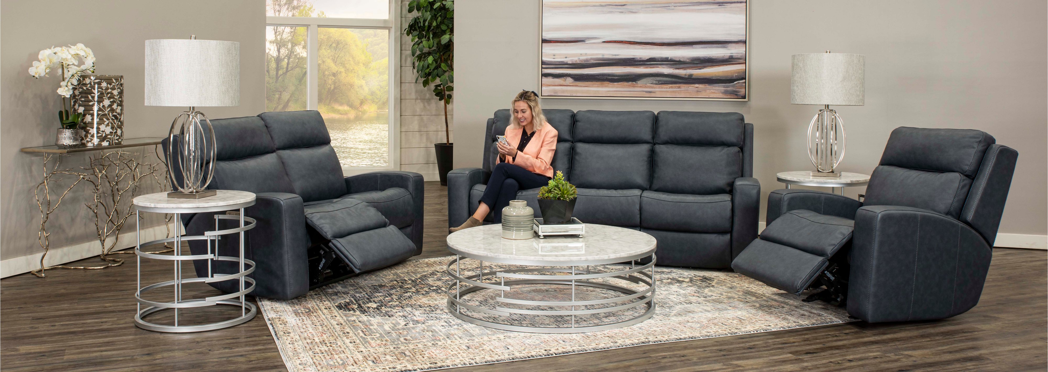 Anchor Blue Leather-Match Power Reclining Sofa - Cody-3