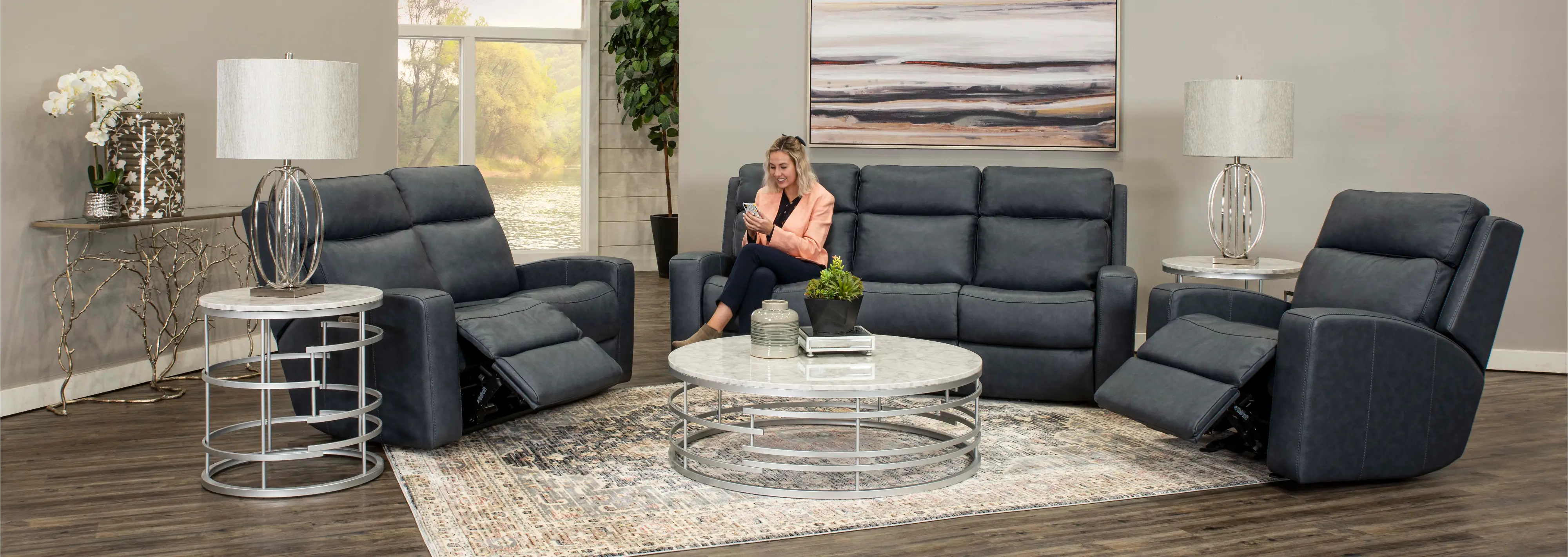 Anchor Blue Leather-Match Power Reclining Sofa - Cody-3