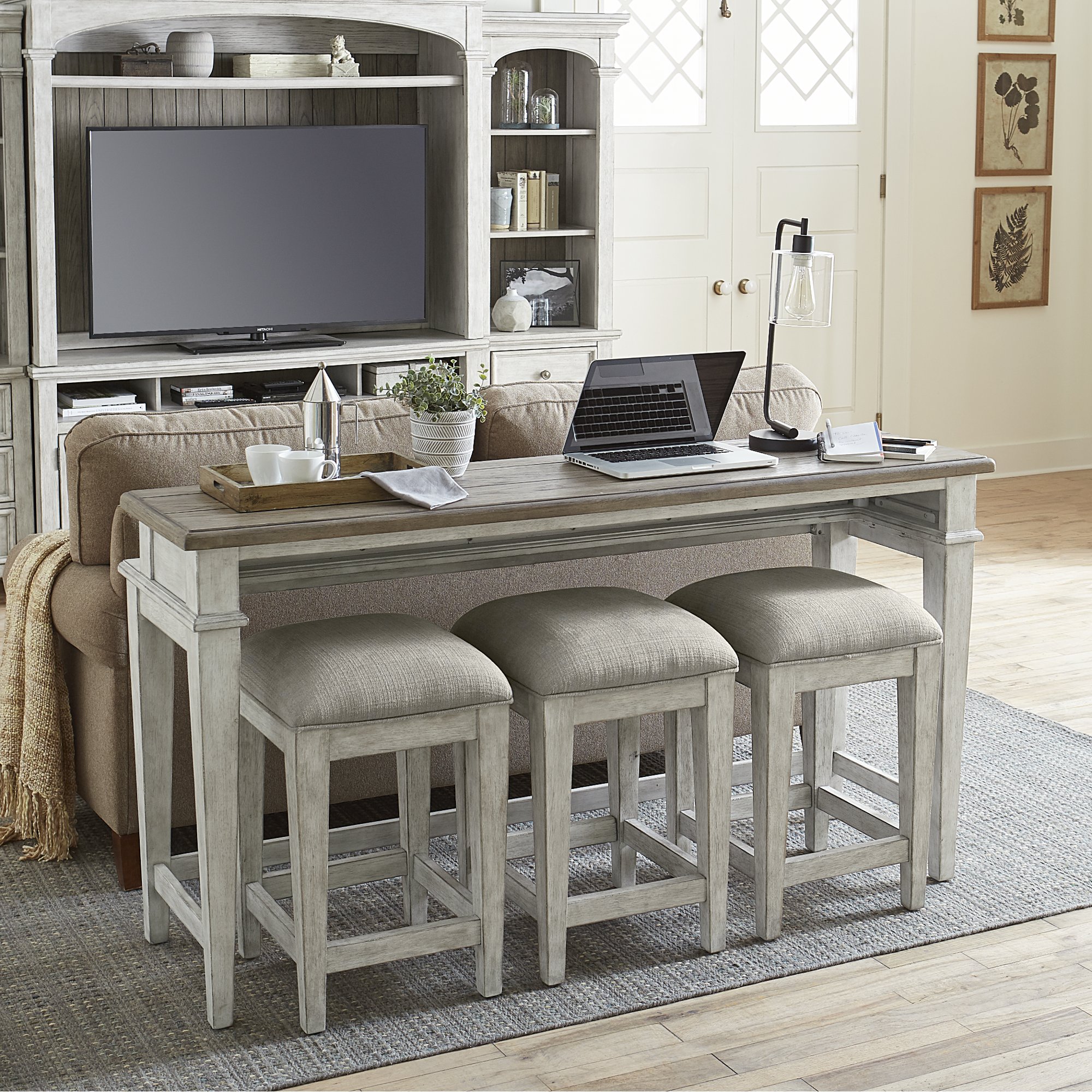 Heartland Weathered Oak Console Table with 3 Stools-4