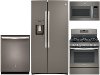 KIT GE 4 Piece Gas Kitchen Appliance Package with Side by Side Refrigerator - Slate Stainless Steel
