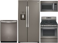 KIT GE 4 Piece Gas Kitchen Appliance Package with Side by Side Refrigerator - Slate Stainless Steel