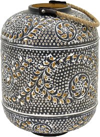 16 Inch Metal Lantern with Black Wash Finish and Rope Handle