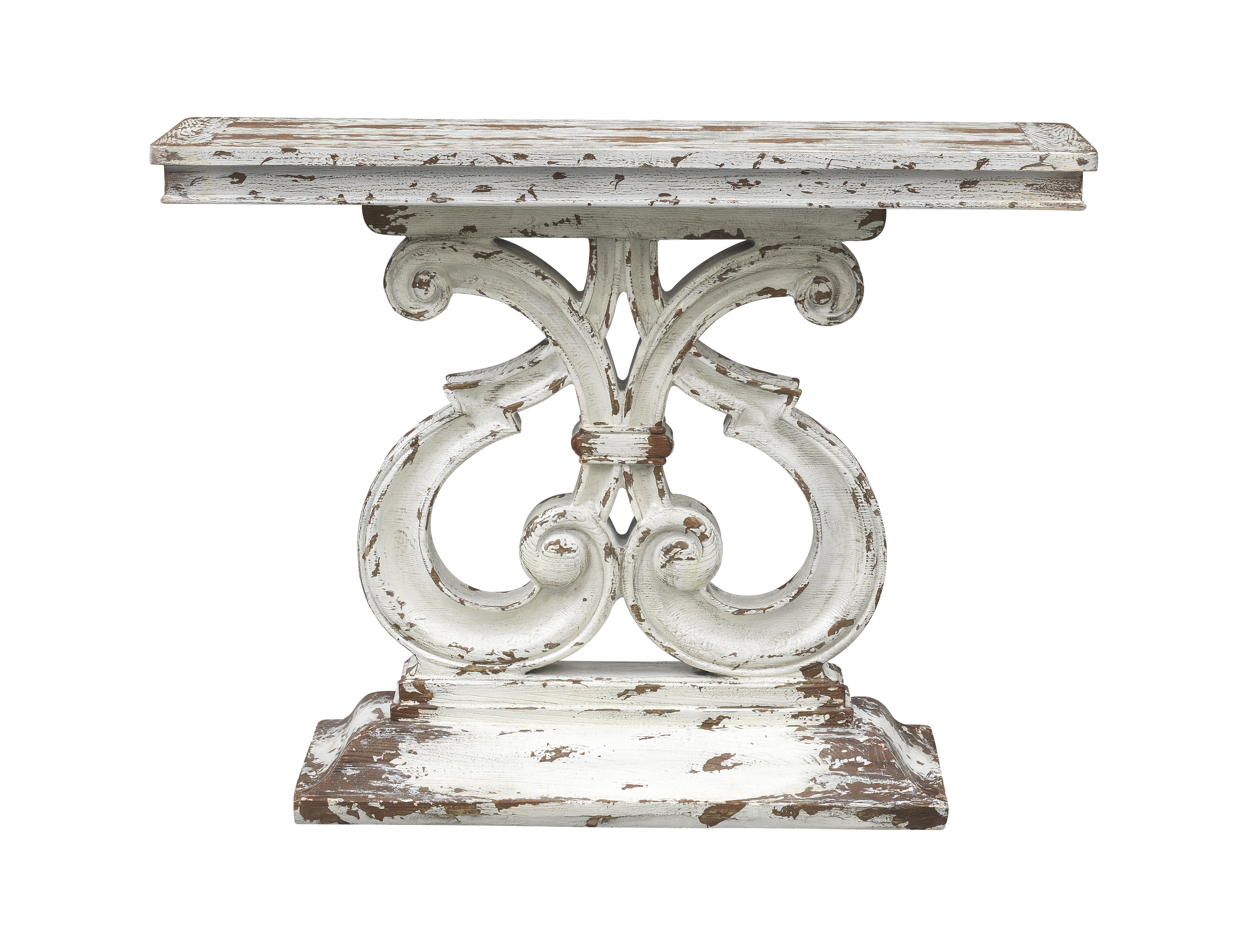 Weathered Aged Ivory and Brown Console Table with Scrolled Legs-1
