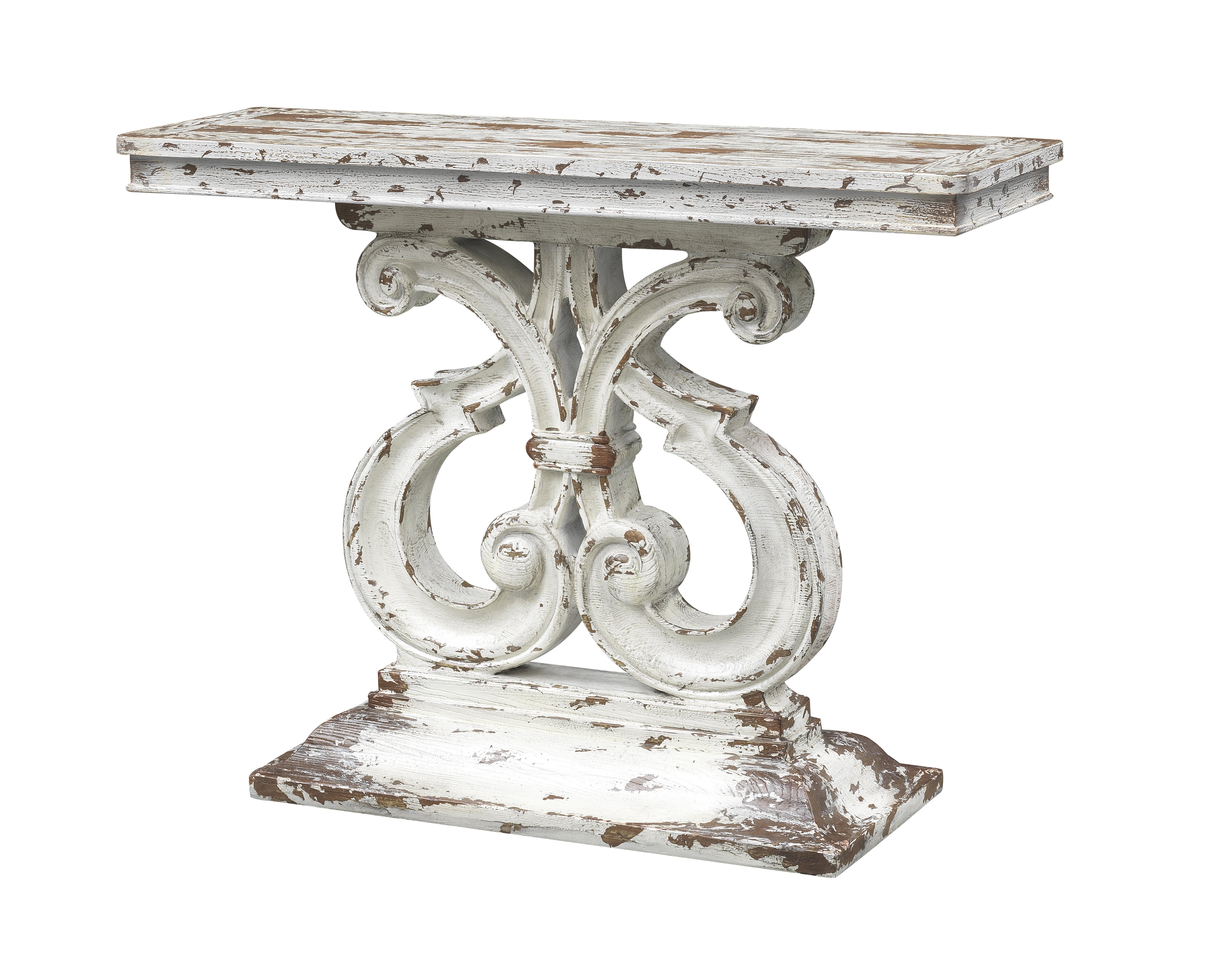 Weathered Aged Ivory and Brown Console Table with Scrolled Legs-3