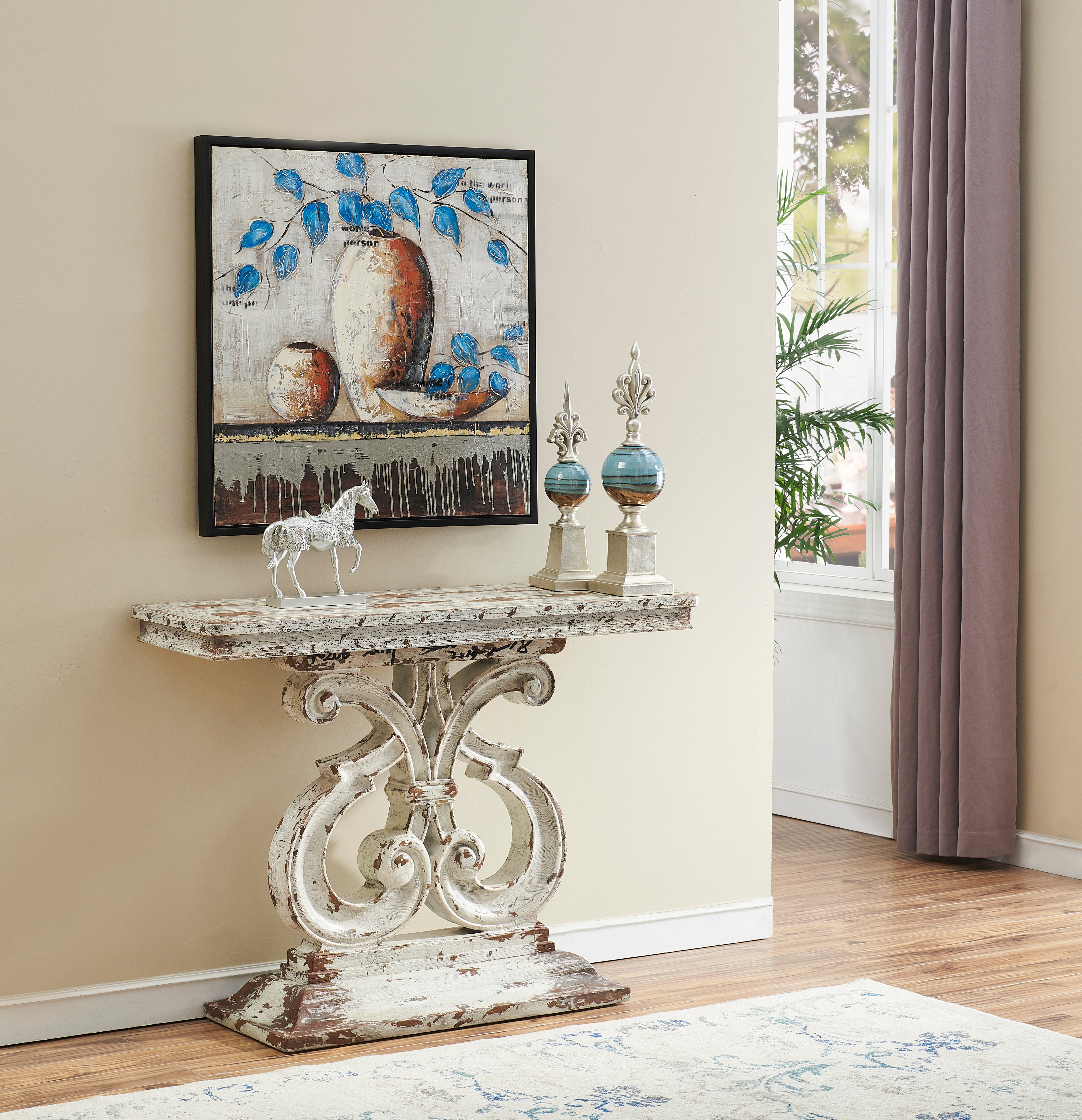 Weathered Aged Ivory and Brown Console Table with Scrolled Legs-4