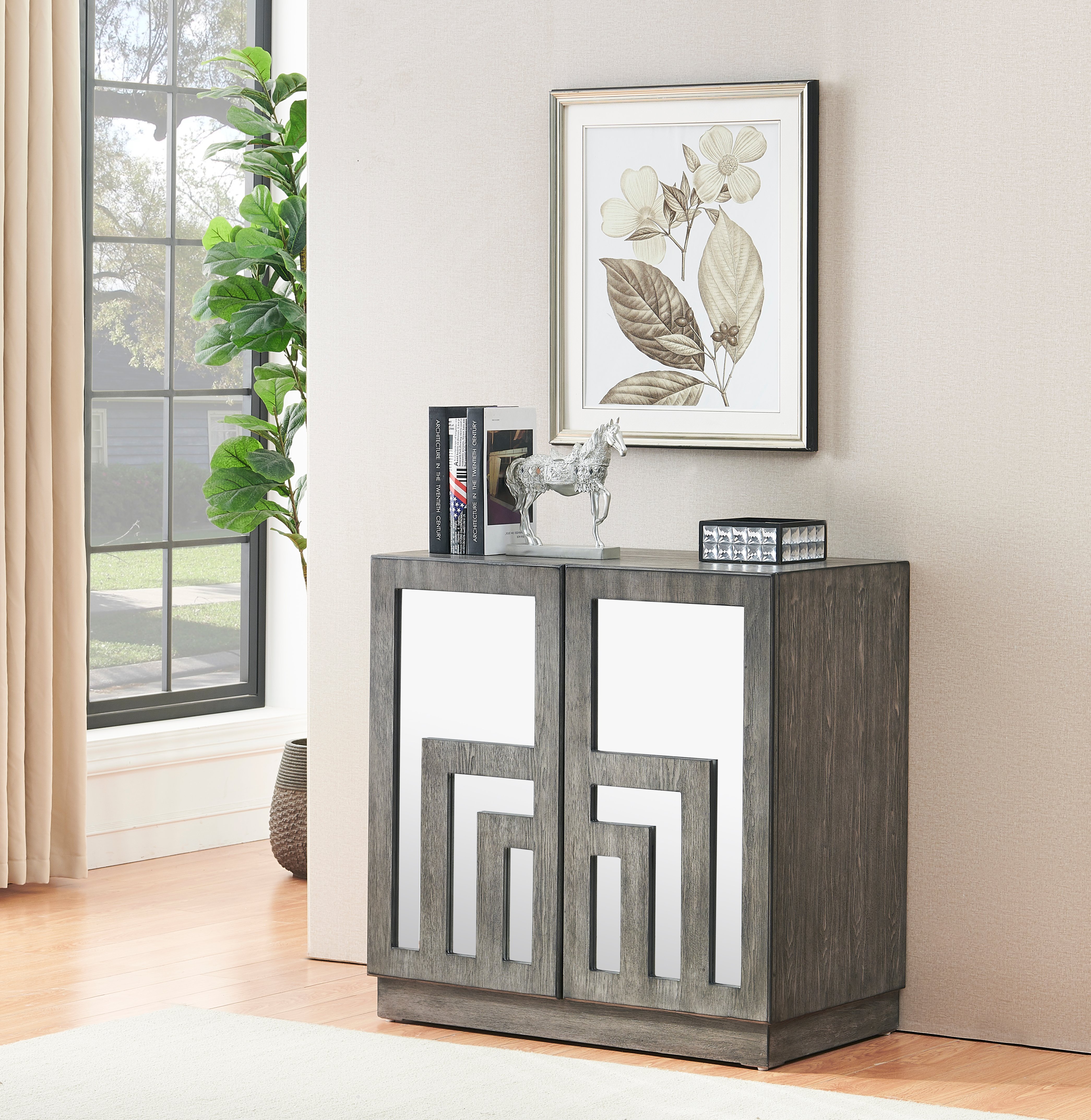 Contemporary Gray Accent Cabinet with Mirrored Glass Doors-5