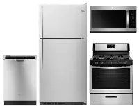 KIT Whirlpool 4 Piece Gas Kitchen Appliance Package with Top Freezer Refrigerator - Stainless Steel