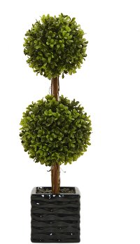 20 Inch Faux Green Double Ball Topiary in Black Pot