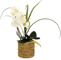 18 Inch Faux White Orchid Arrangement in Round Rope Pot