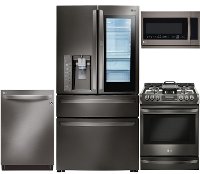KIT LG 4 Piece Gas Kitchen Appliance Package with 22.5 cu. ft. French Door Refrigerator - Black Stainless Steel