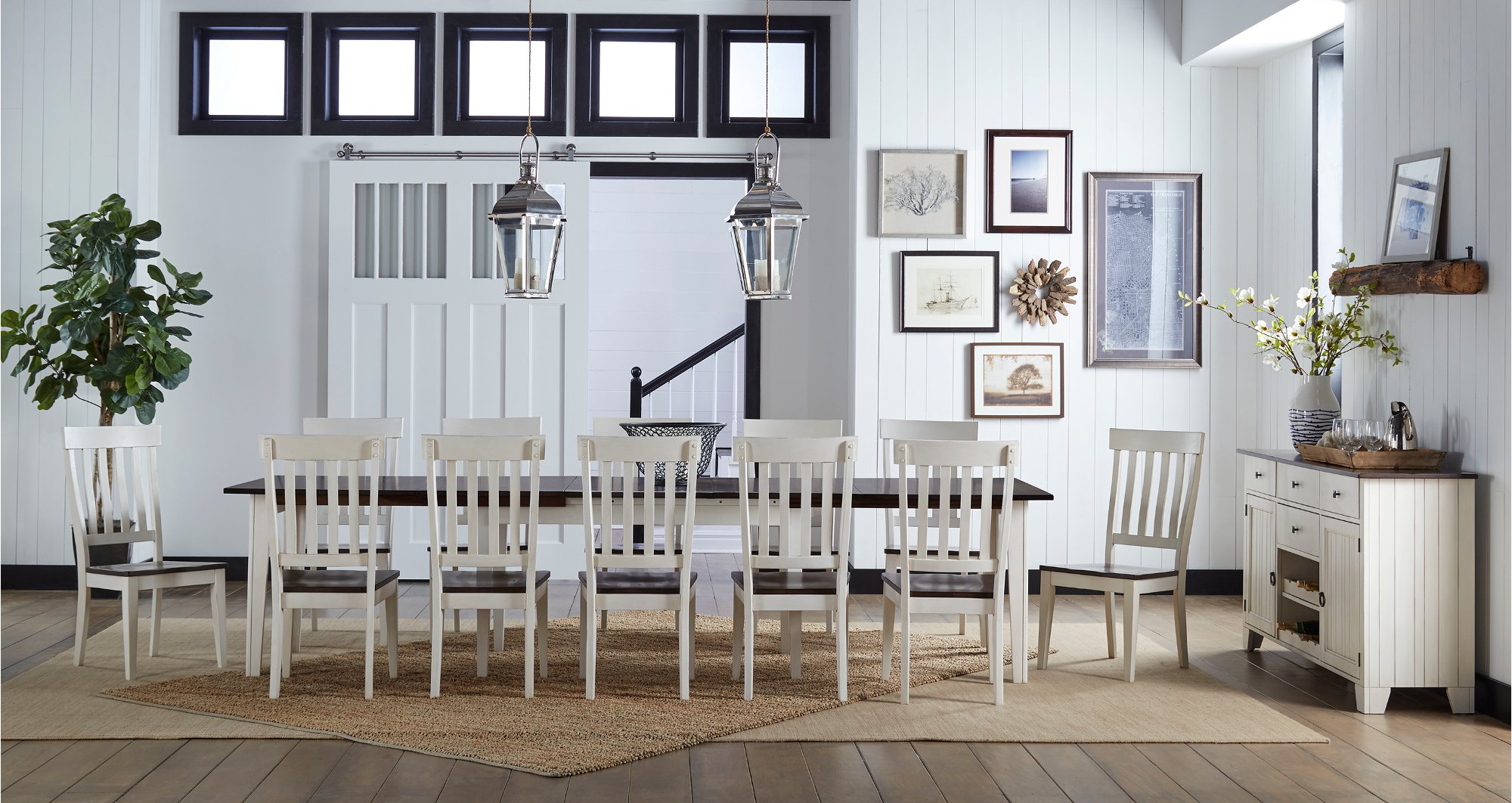 Farmhouse White and Brown 13 Piece Dining Set with Slat Back Chairs - Toluca-1