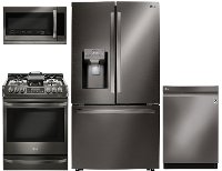 KIT LG 4 Piece Gas Kitchen Appliance Package with 23.5 cu. ft. French Door Refrigerator - Black Stainless Steel