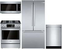 KIT Bosch 4 Piece Gas Kitchen Appliance Package with Counter Depth Refrigerator - Stainless Steel