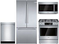 KIT Bosch 4 Piece Dual Fuel Kitchen Appliance Package with Counter Depth Refrigerator - Stainless Steel
