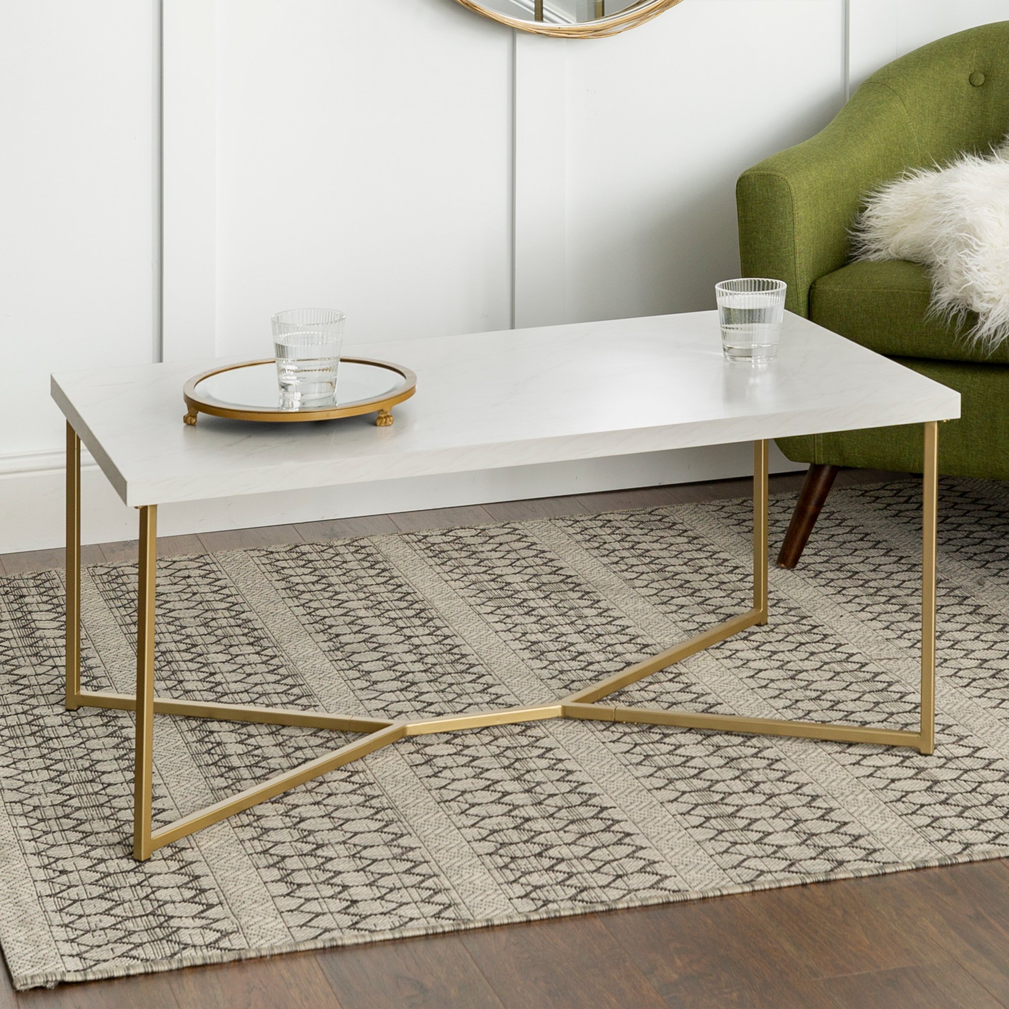AF42LUXWMG Mid Century Modern Coffee Table - White Faux Marble/Gold-1