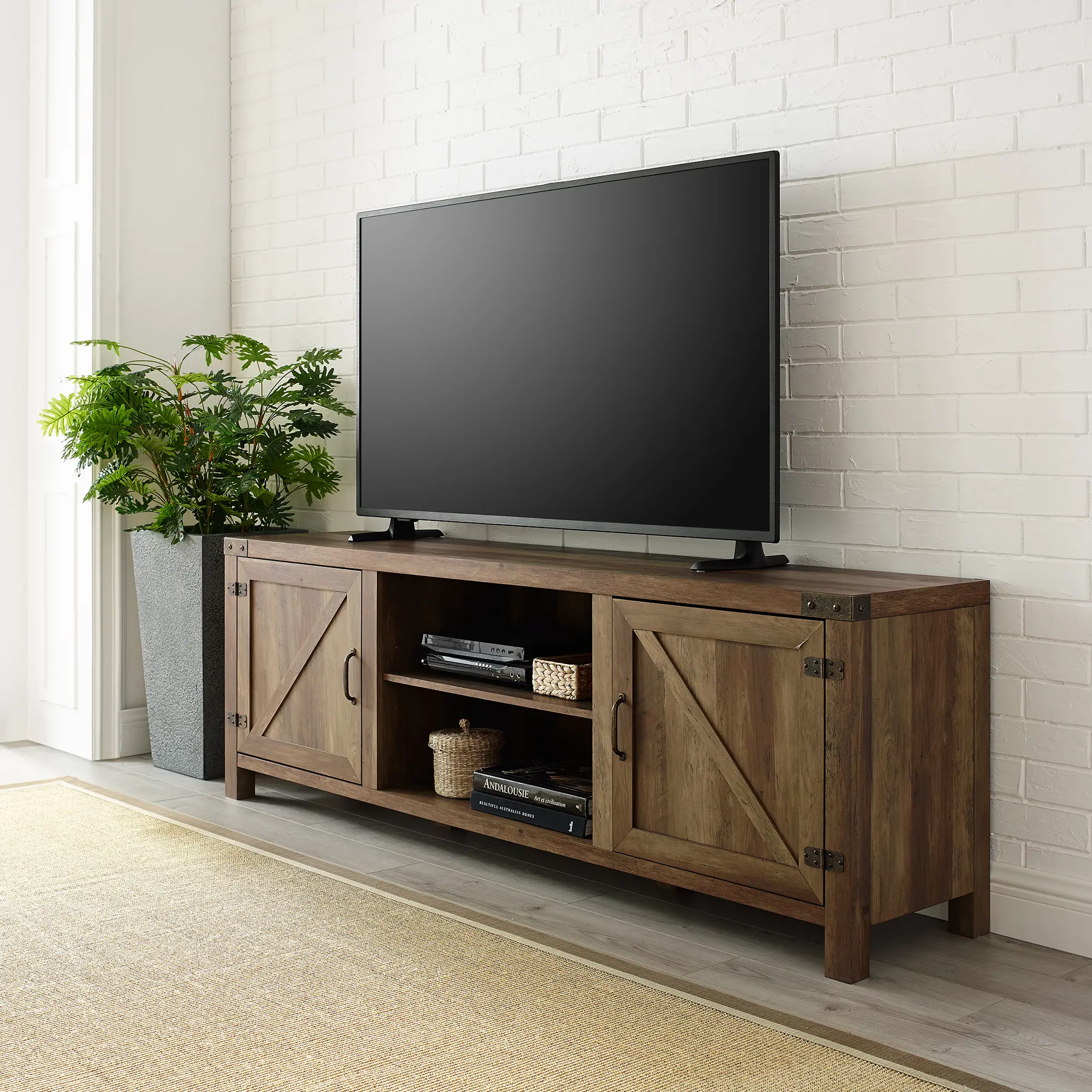 W70BDSDRO 70 Inch Modern Farmhouse TV Stand - Rustic Oak-1