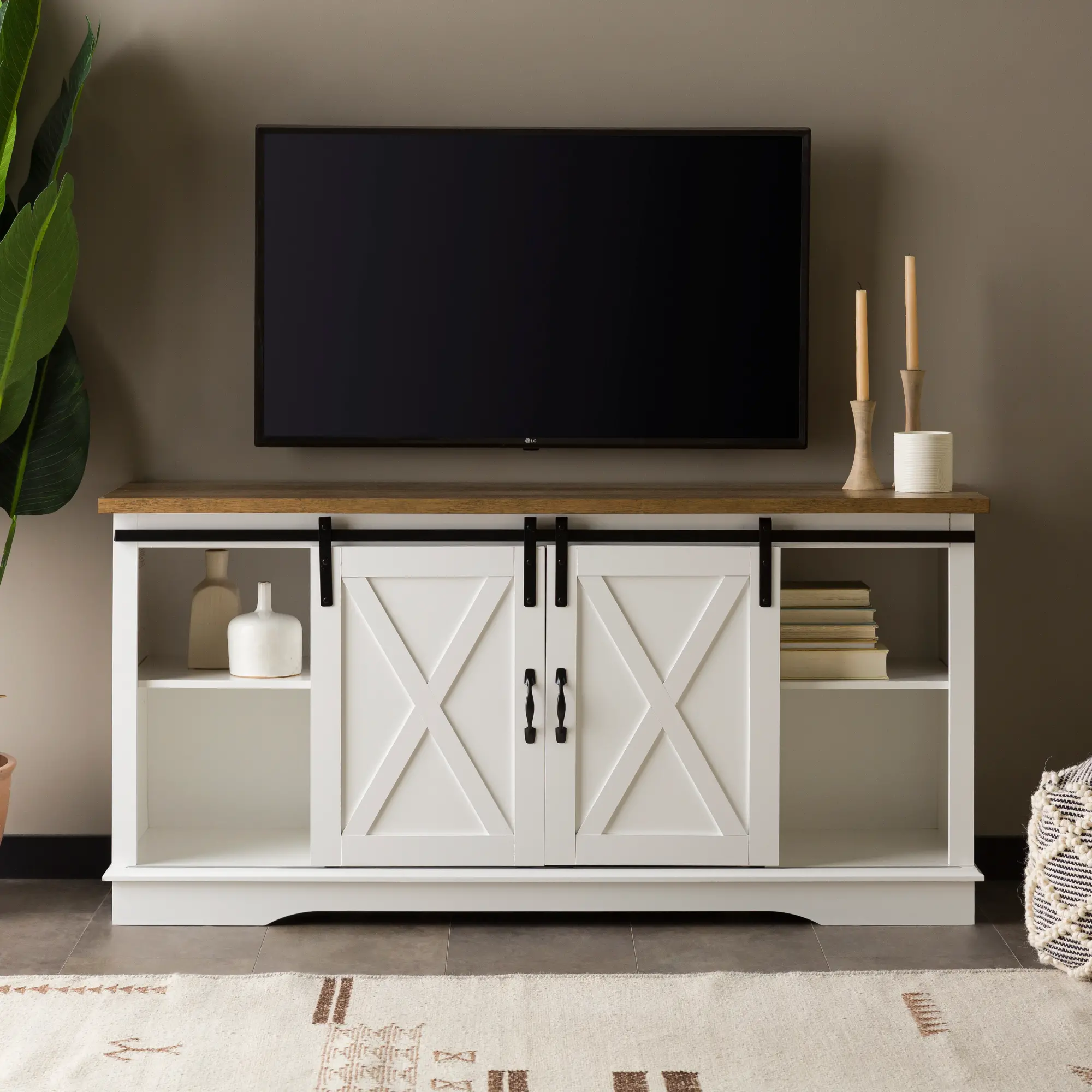 W58SBDSW 58 Inch Modern Farmhouse Wood TV Stand - White/Rustic Oak-2