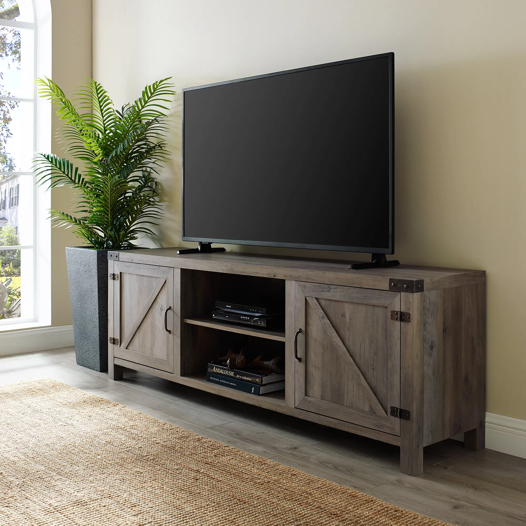W70BDSDGW 70 Inch Modern Farmhouse TV Stand - Gray Wash-1