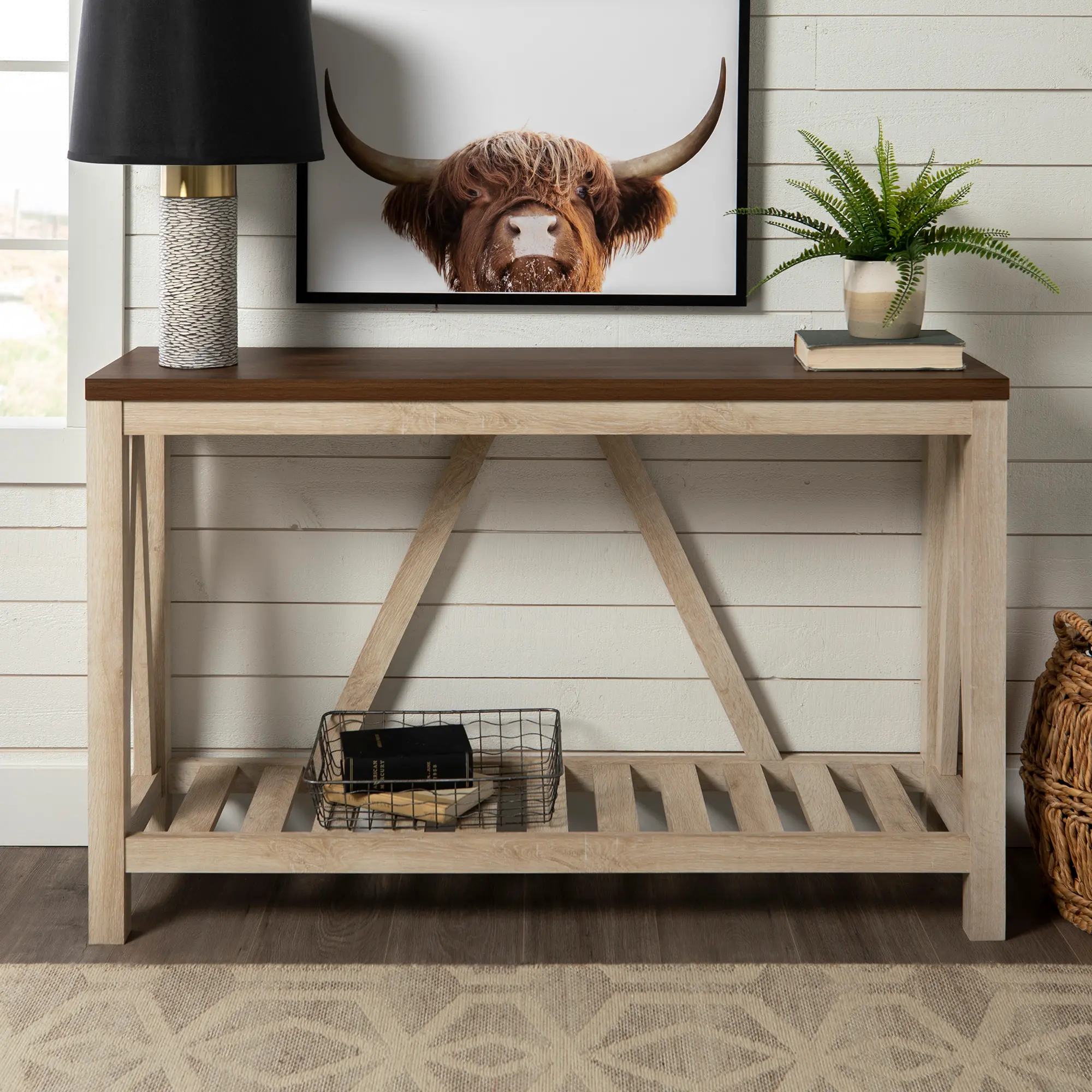AF52AFTWWO 52 Inch Dark Walnut and White Oak Rustic Entryway Sofa Table-1