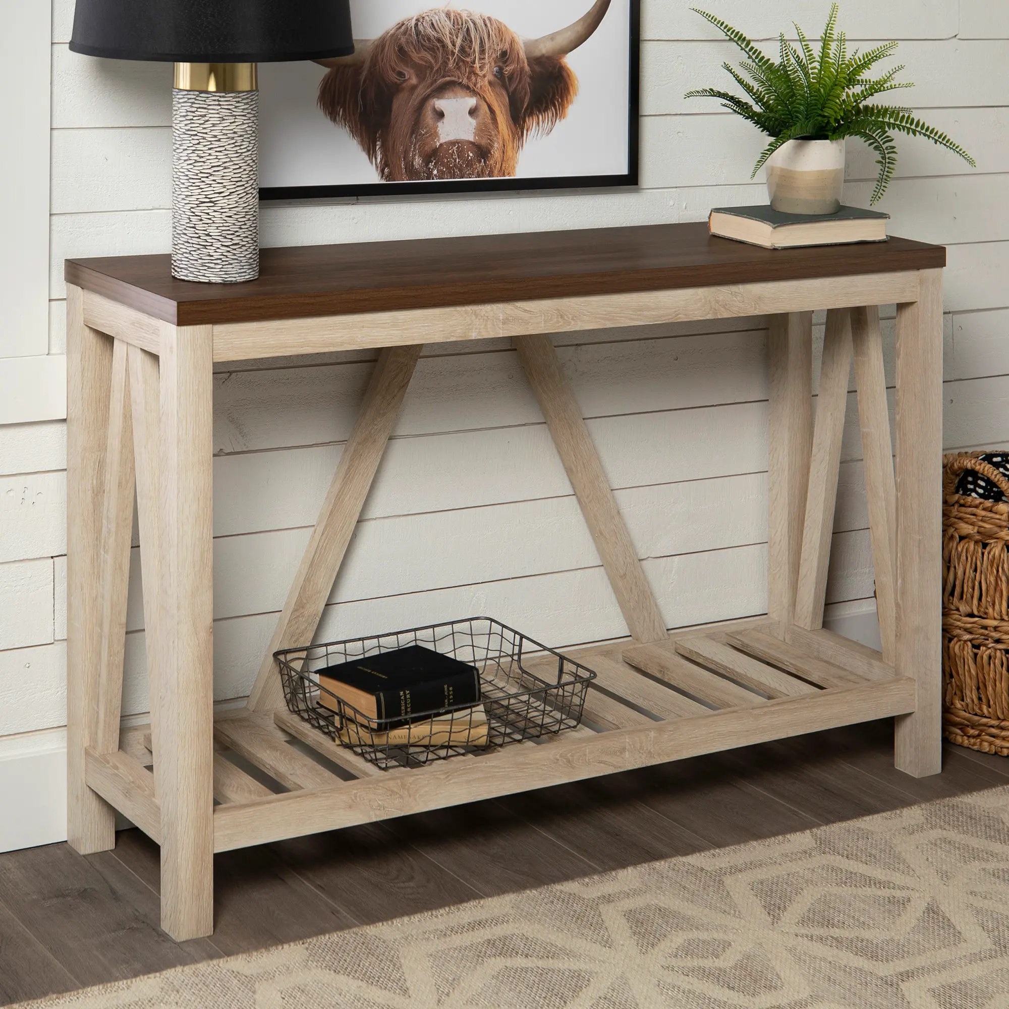AF52AFTWWO 52 Inch Dark Walnut and White Oak Rustic Entryway Sofa Table-2