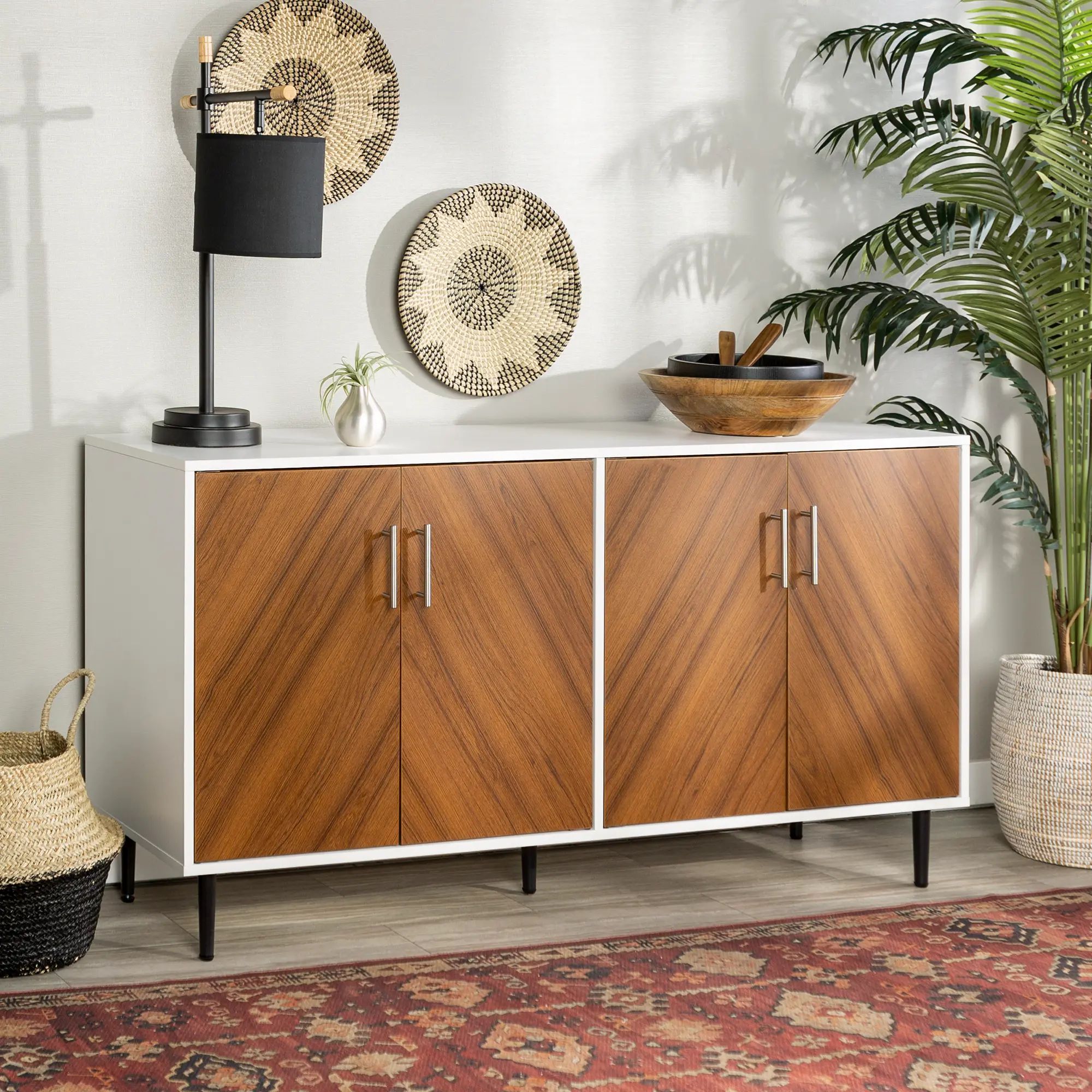 BU58HPBMWHT Mid Century Modern 58 Inch TV Stand - White and Woodgrain-1