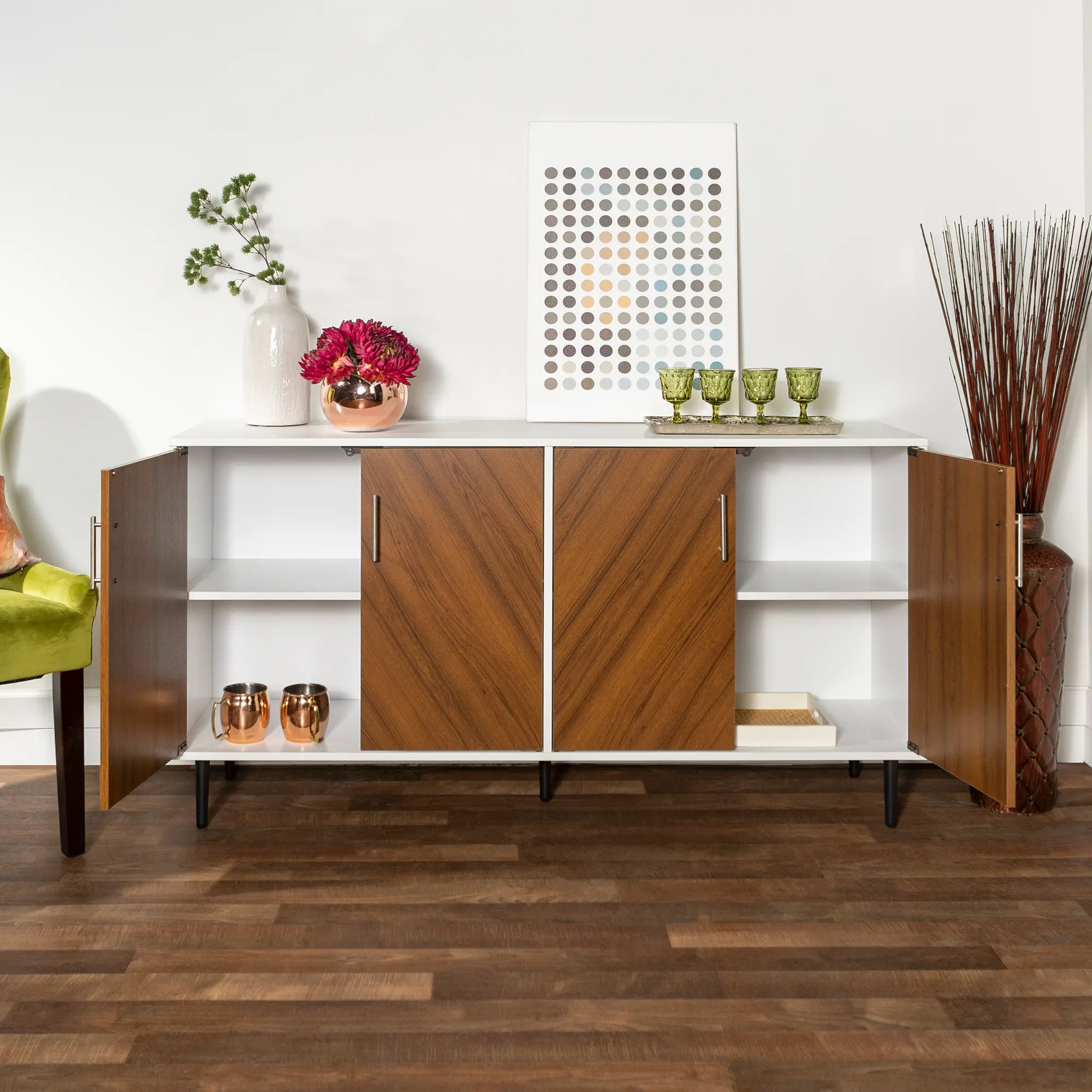 BU58HPBMWHT Mid Century Modern 58 Inch TV Stand - White and Woodgrain-2