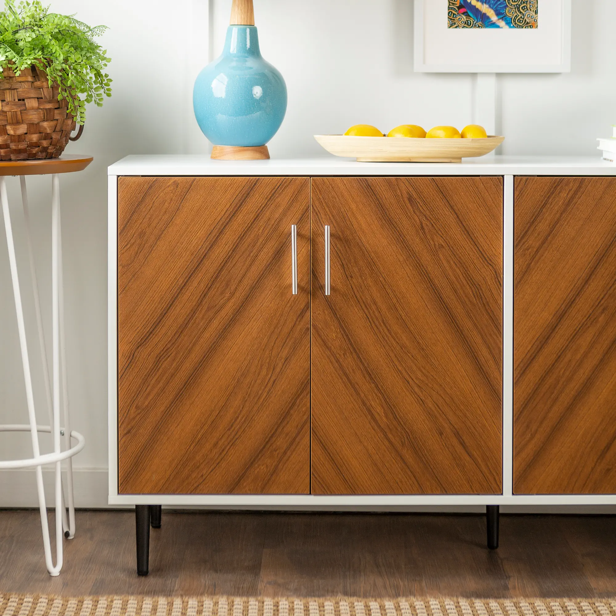 BU58HPBMWHT Mid Century Modern 58 Inch TV Stand - White and Woodgrain-3