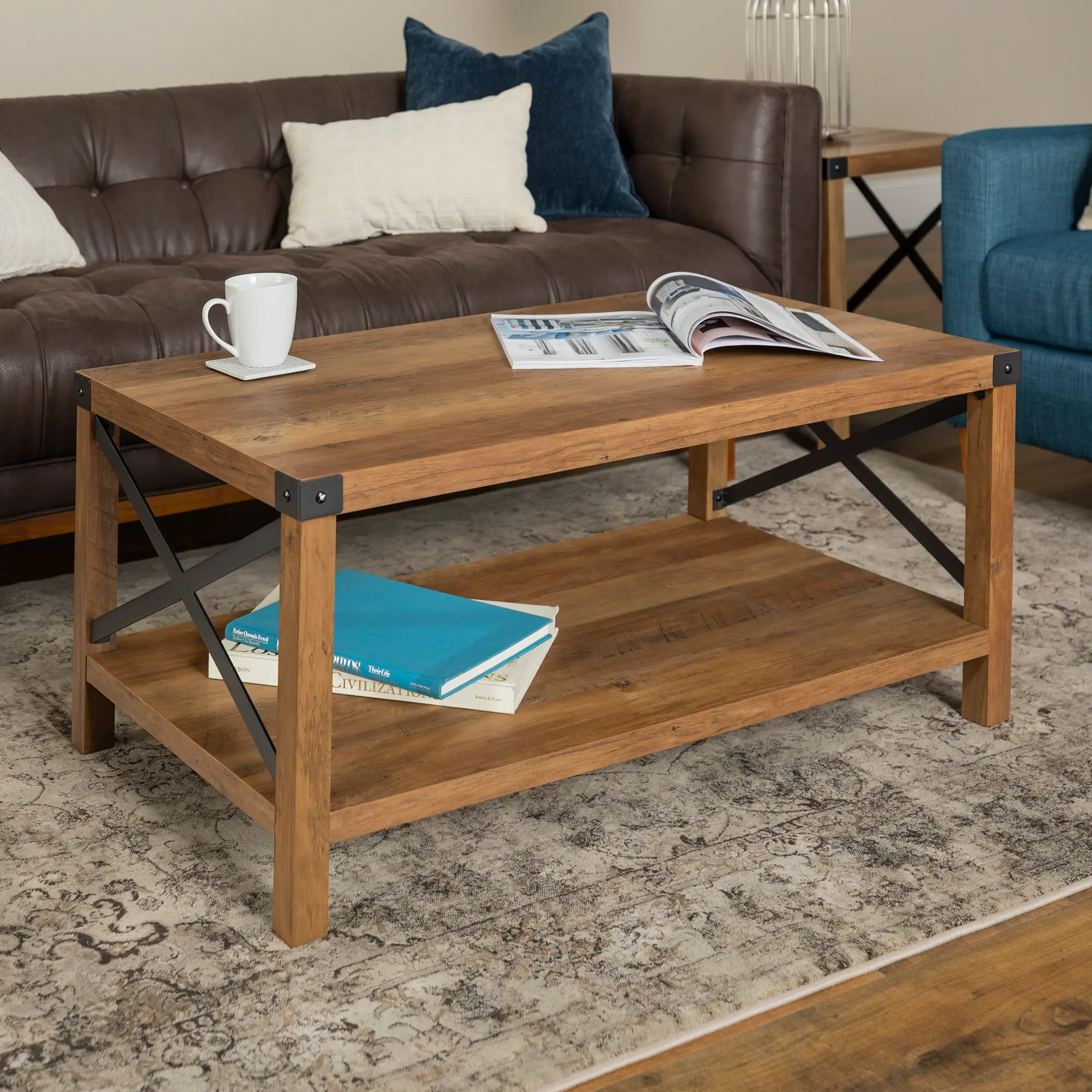 AF40MXCTRO Metal X Rustic Oak Wood Coffee Table-1