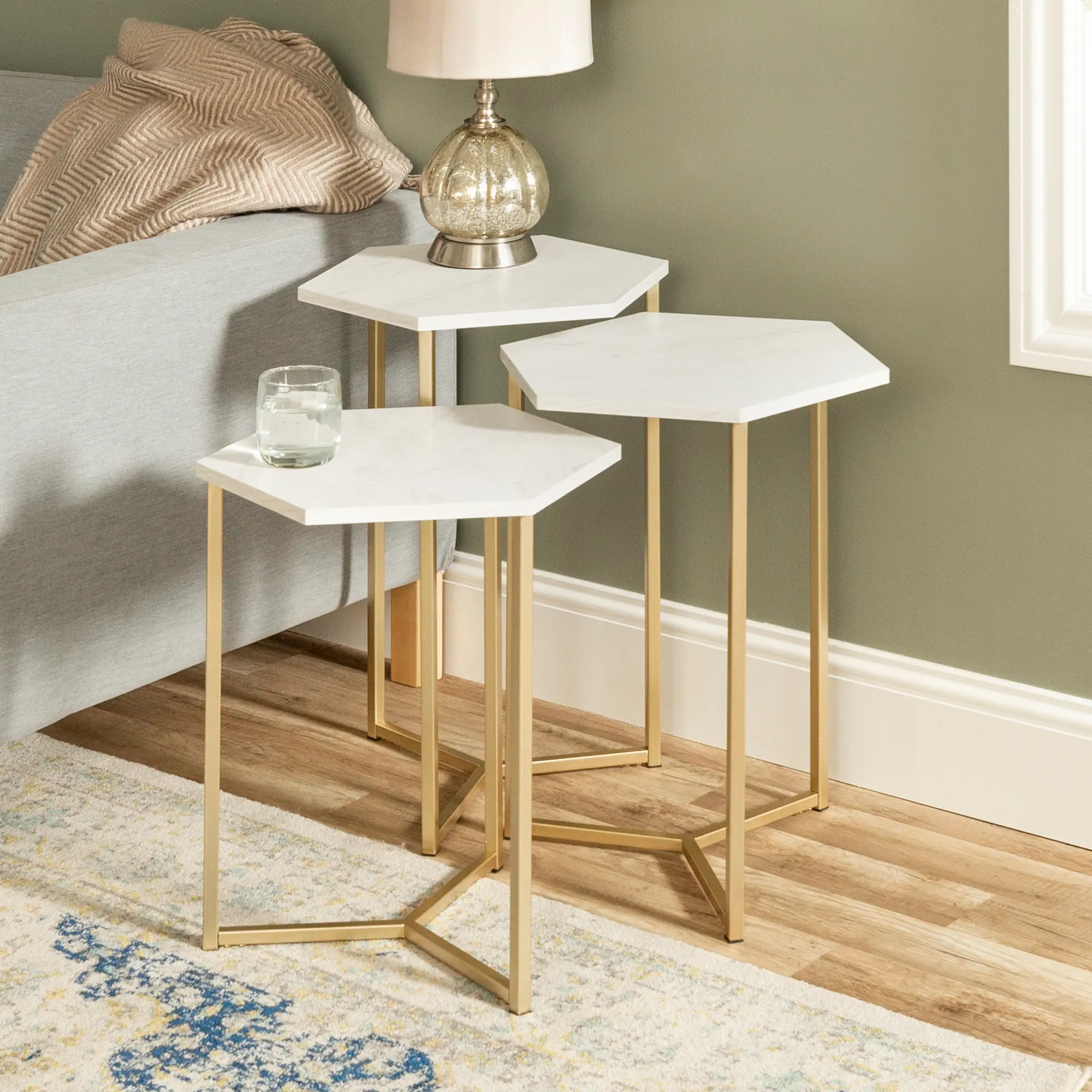 AF16HEX3WM Faux White Marble and Gold Modern Wood Nesting Tables - Set of 3-1