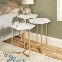 AF16HEX3WM Faux White Marble and Gold Modern Wood Nesting Tables - Set of 3