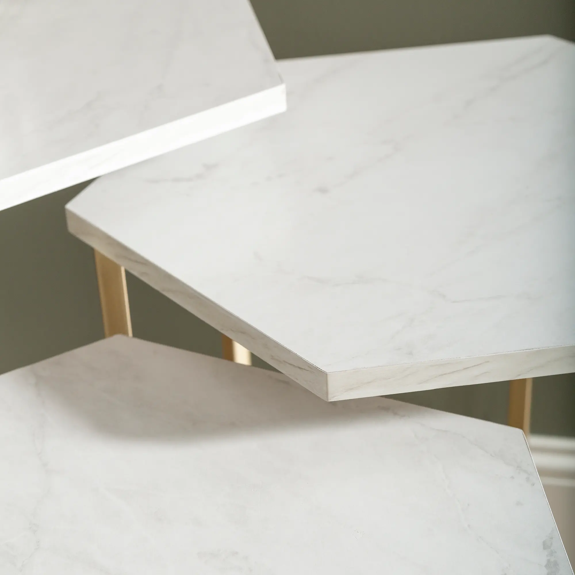 AF16HEX3WM Faux White Marble and Gold Modern Wood Nesting Tables - Set of 3-2