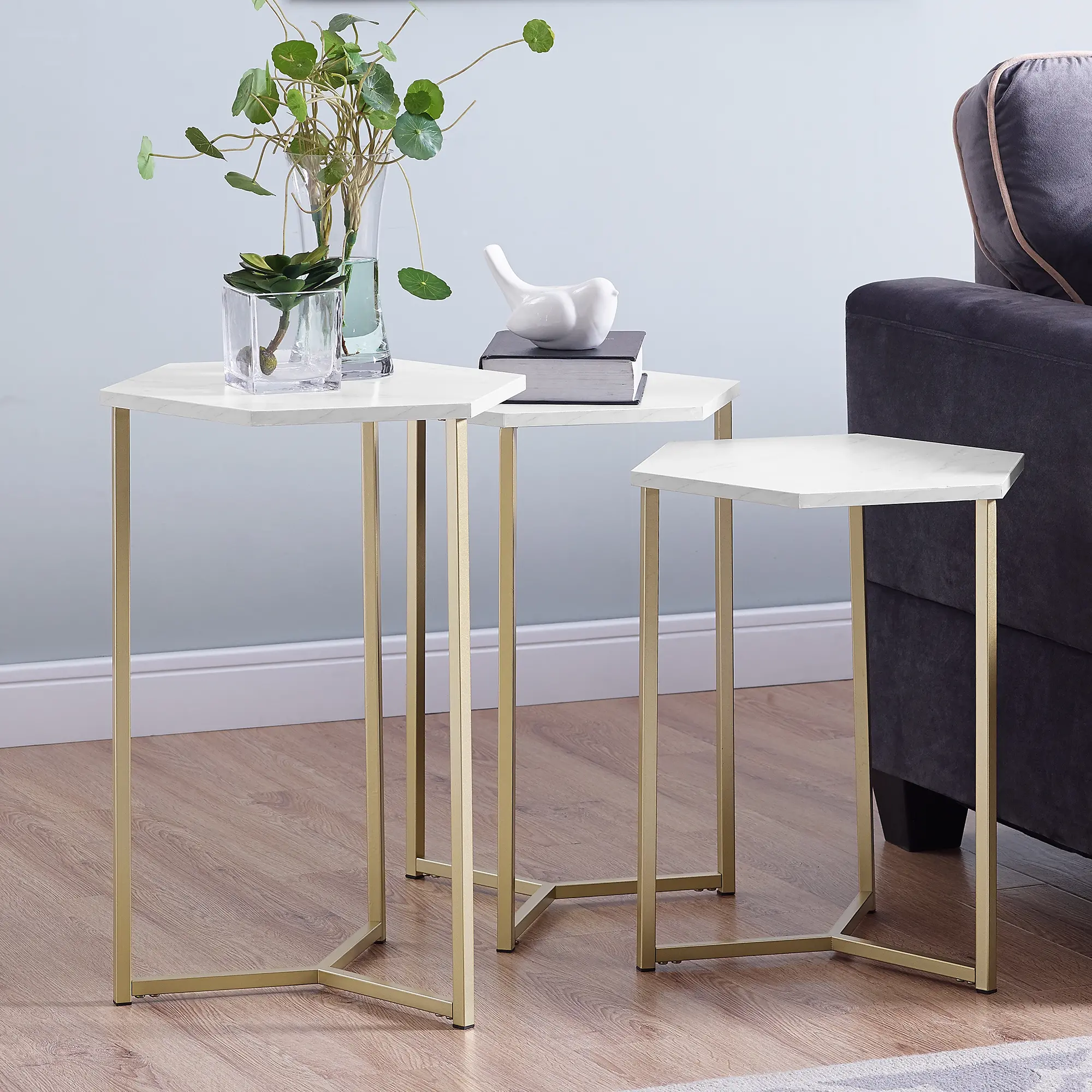AF16HEX3WM Faux White Marble and Gold Modern Wood Nesting Tables - Set of 3-3