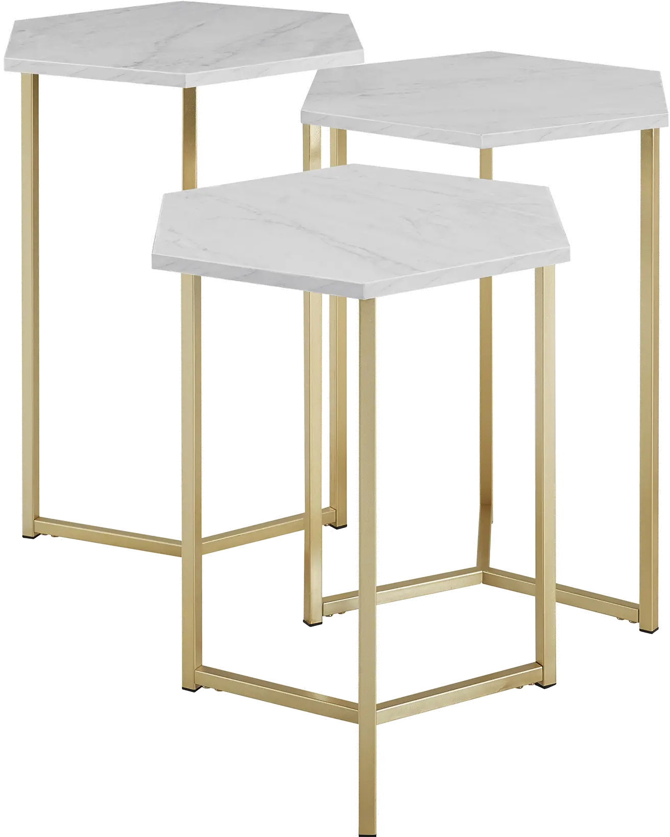 AF16HEX3WM Faux White Marble and Gold Modern Wood Nesting Tables - Set of 3-4