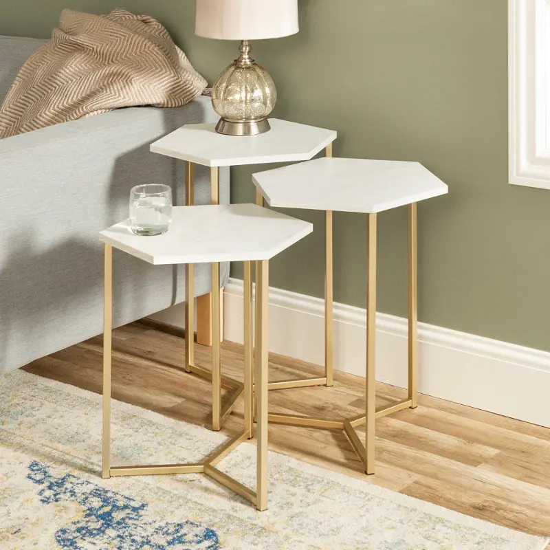 AF16HEX3WM Faux White Marble and Gold Modern Wood Nesting Tables, Set of 3 - Walker Edison