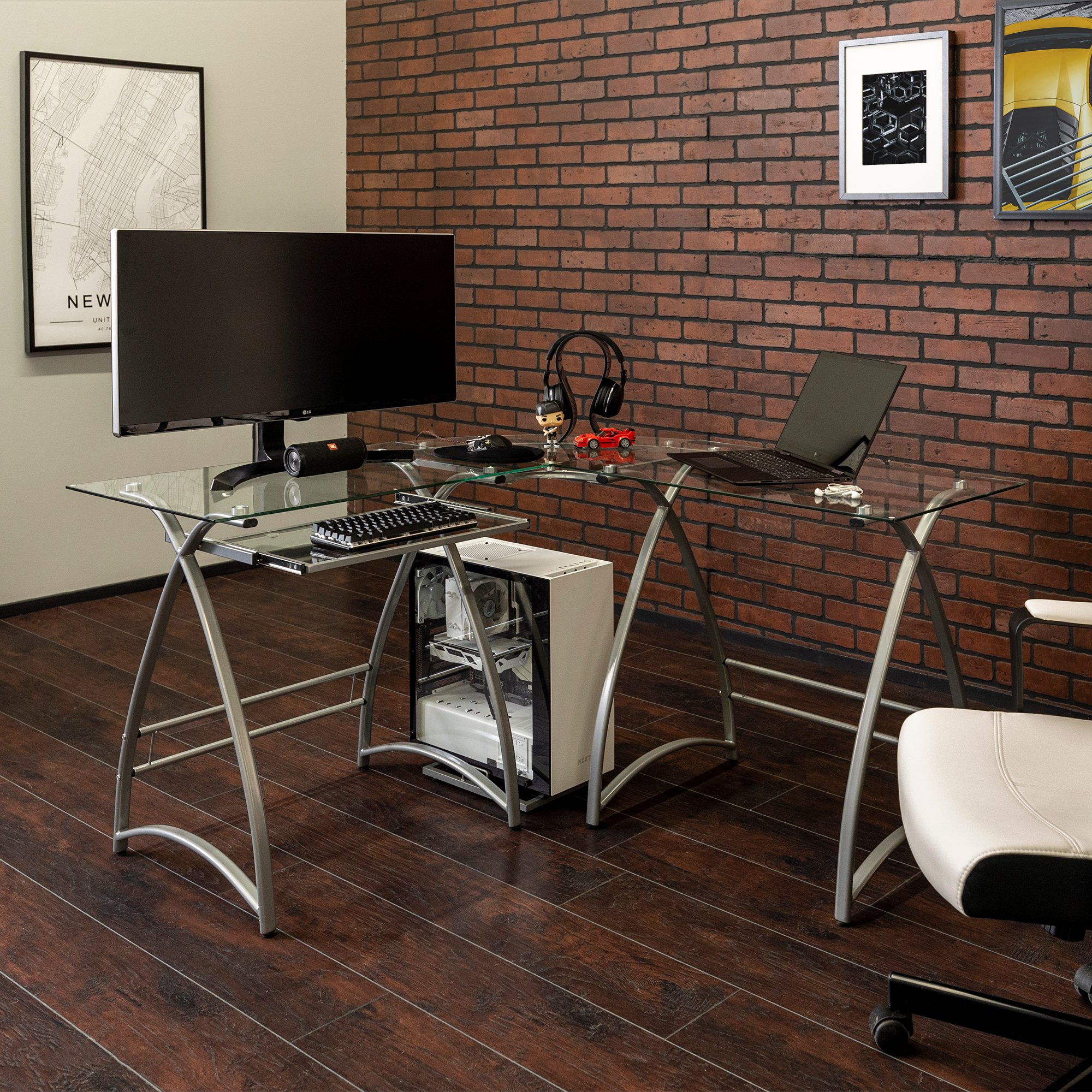 D51AL30 Modern Corner Glass Computer Desk - Silver-1