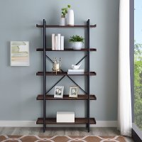 Rustic Industrial 68 Inch Wood Bookcase with 5 Shelves - Dark Walnut