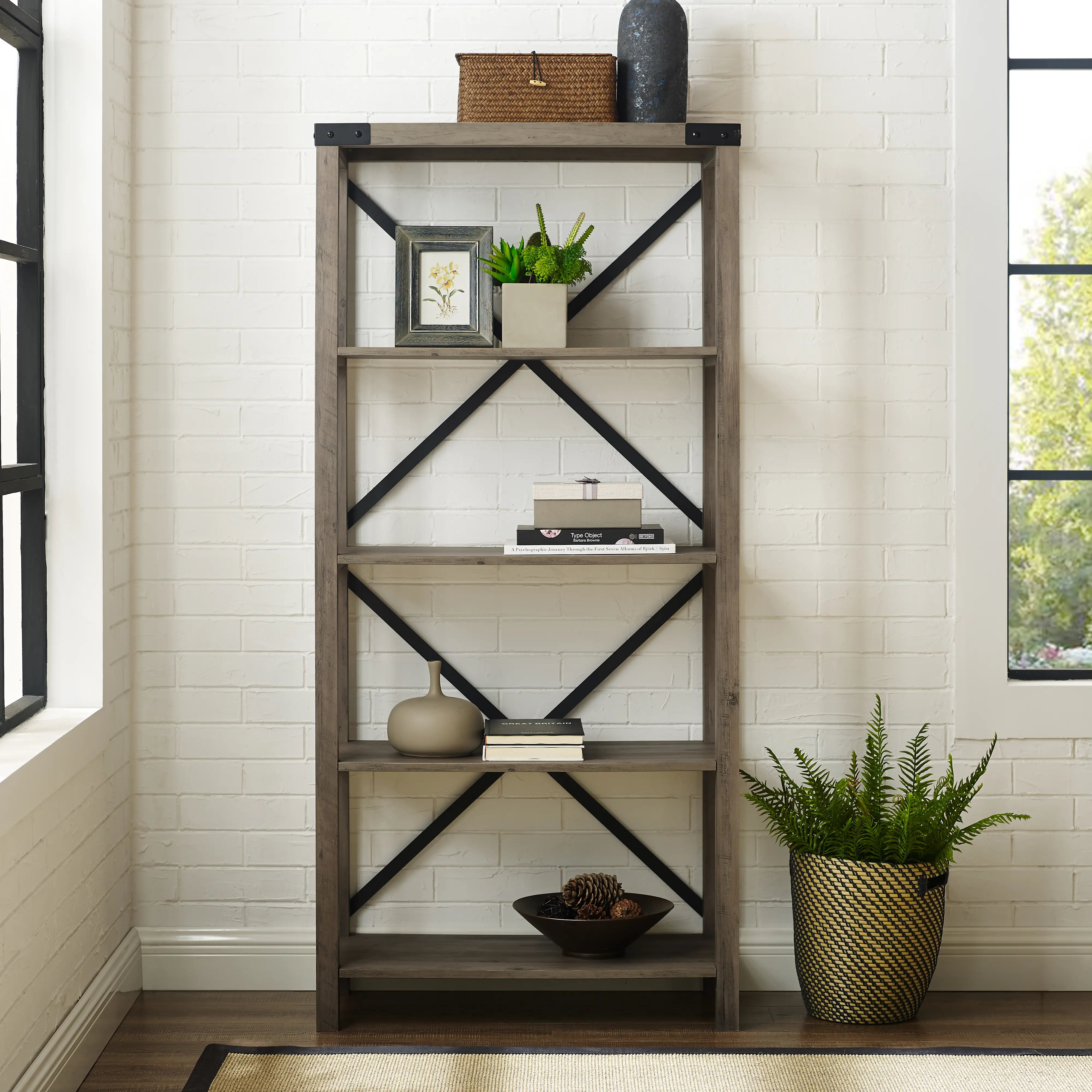 BS64MXGW Farmhouse Metal 64 Inch Bookcase - Gray Wash-1