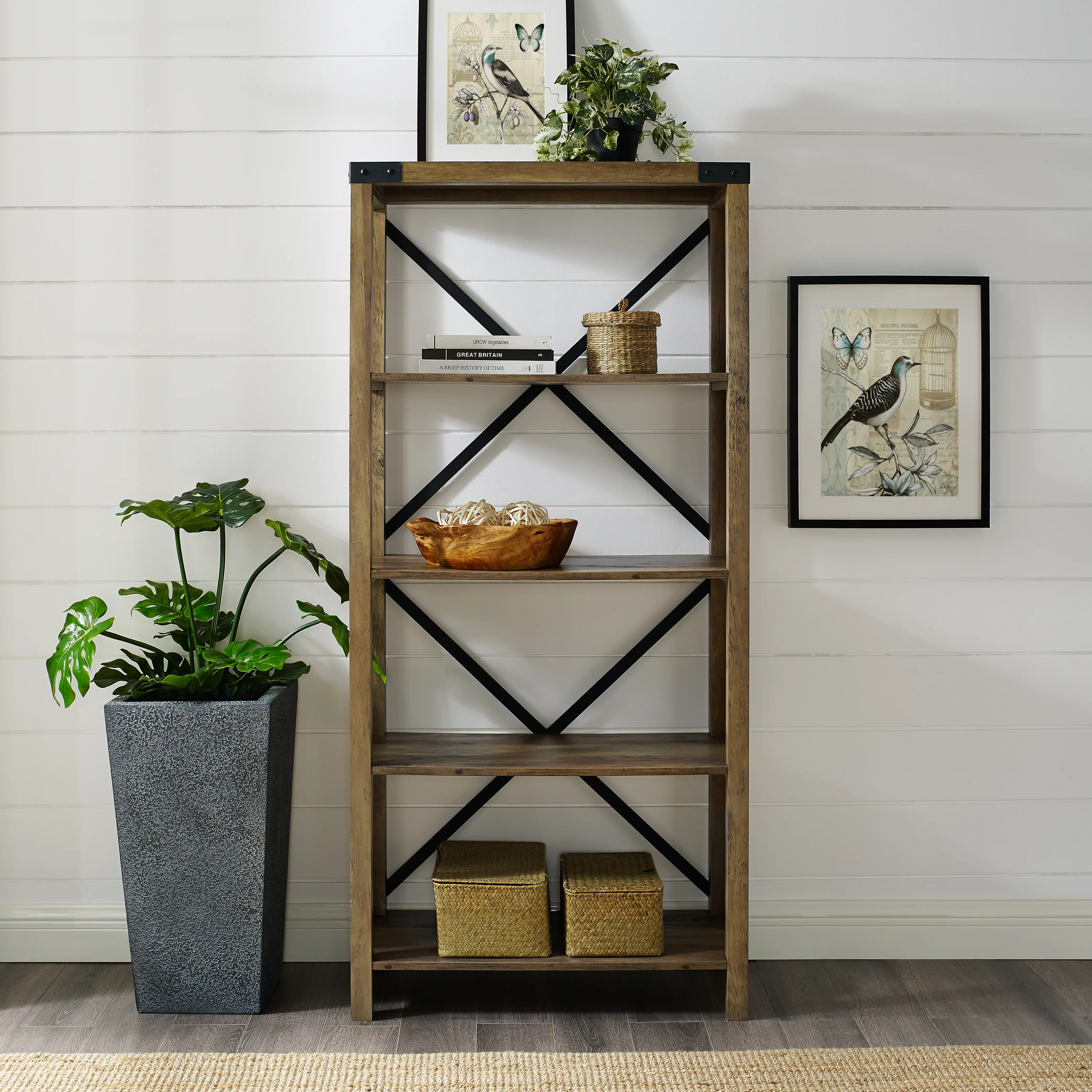 BS64MXRO Farmhouse 64 Inch Metal Bookcase - Rustic Oak-1