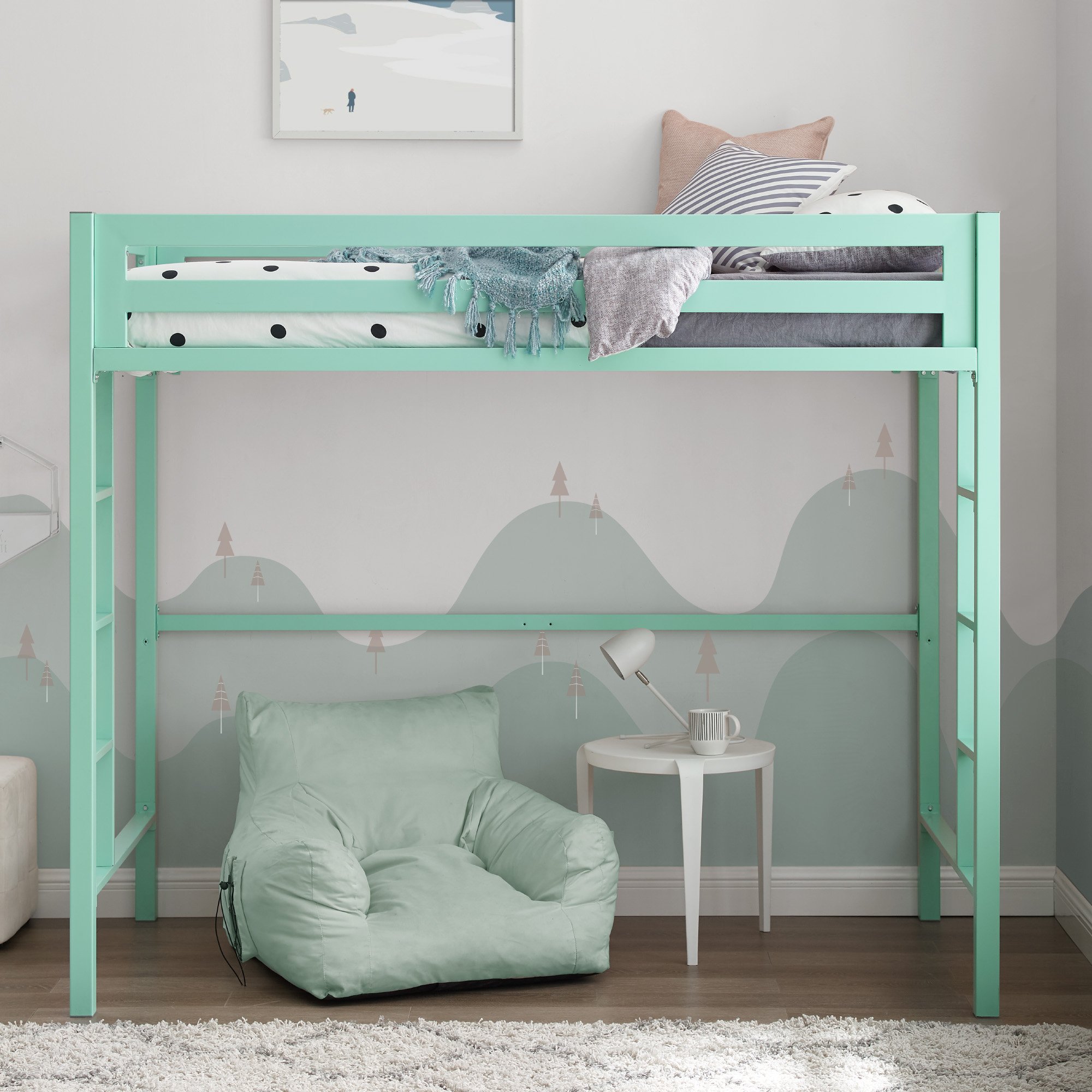 BTSQTOLMT Contemporary Mint Green Premium Deluxe Twin Metal Loft Bed-1