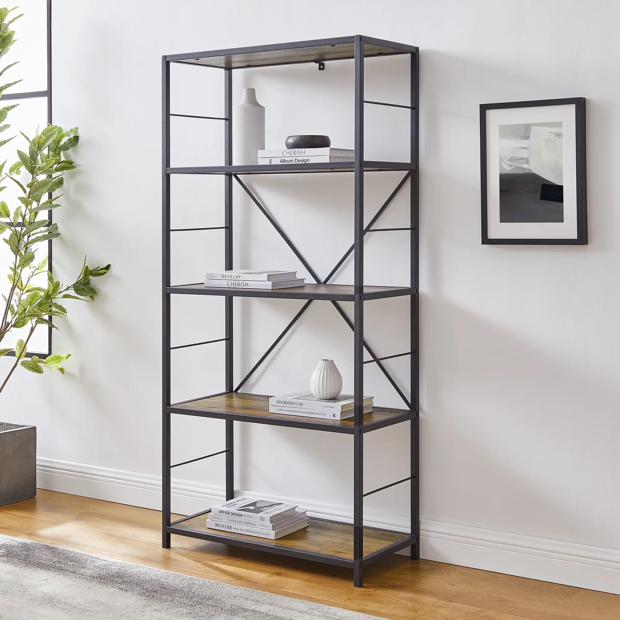 BS60RMWRO 63 Inch Rustic Industrial Oak Bookcase-1