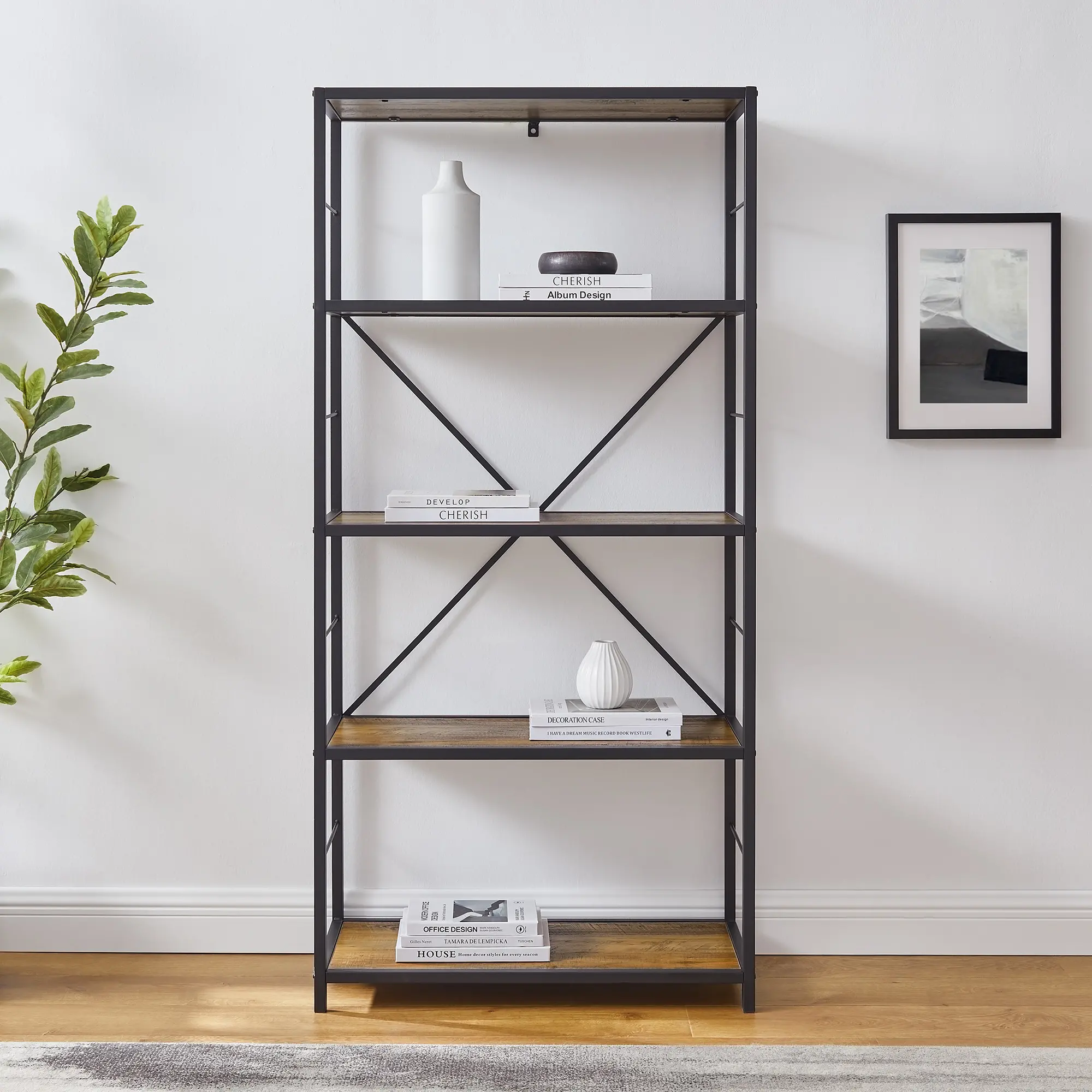 BS60RMWRO 63 Inch Rustic Industrial Oak Bookcase-2
