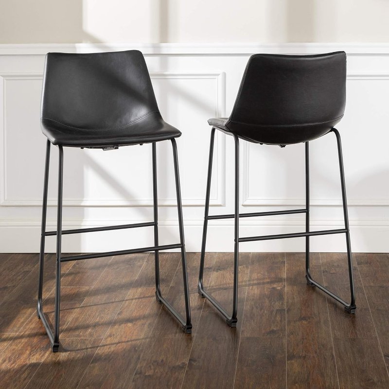 Industrial Black Faux Leather Bar, Bar Stools Black Leather