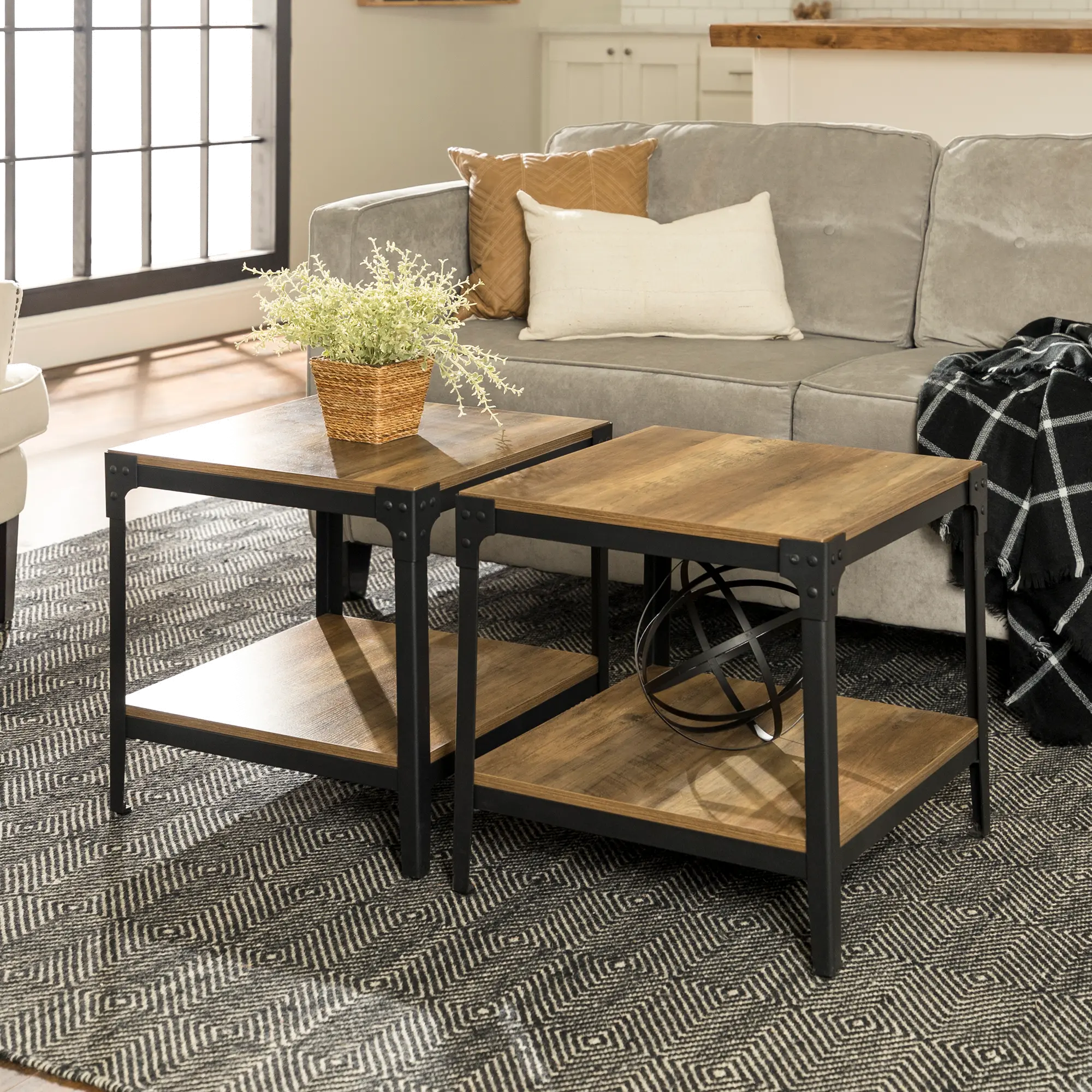 C20AISTRO Angle Iron End Table - Rustic Oak Pair-1