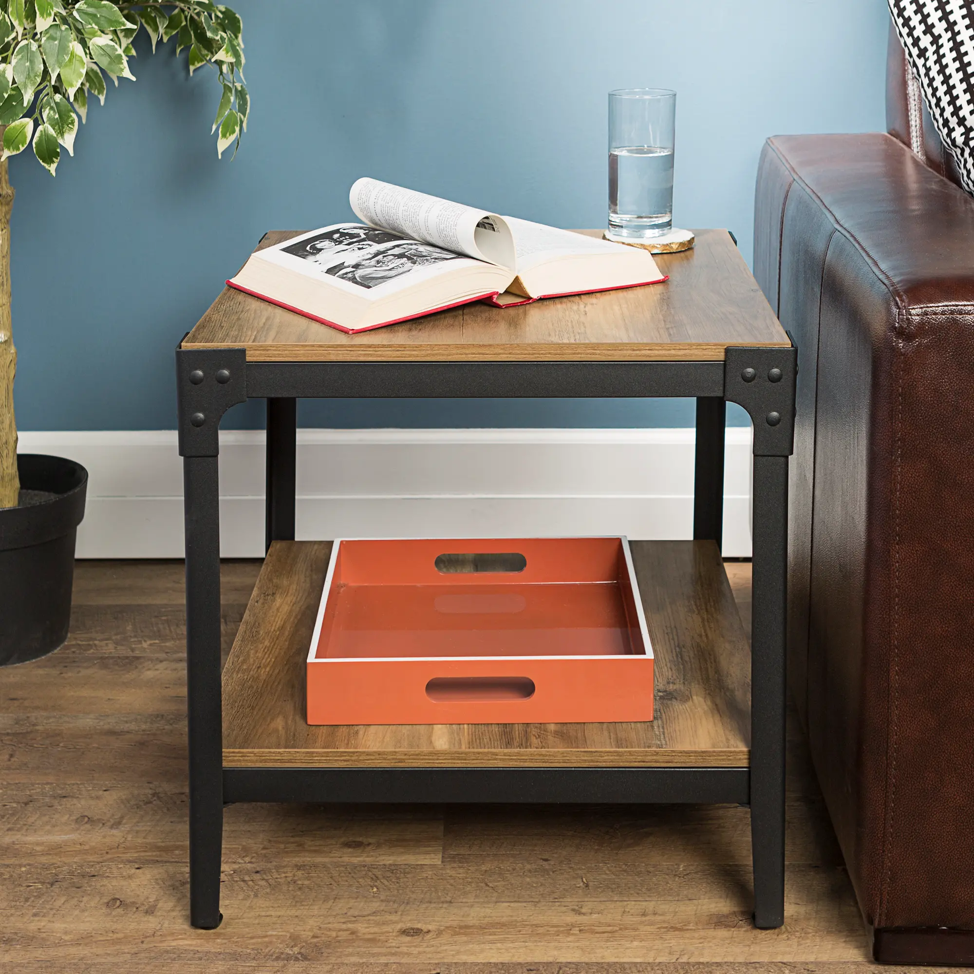 C20AISTRO Angle Iron End Table - Rustic Oak Pair-2
